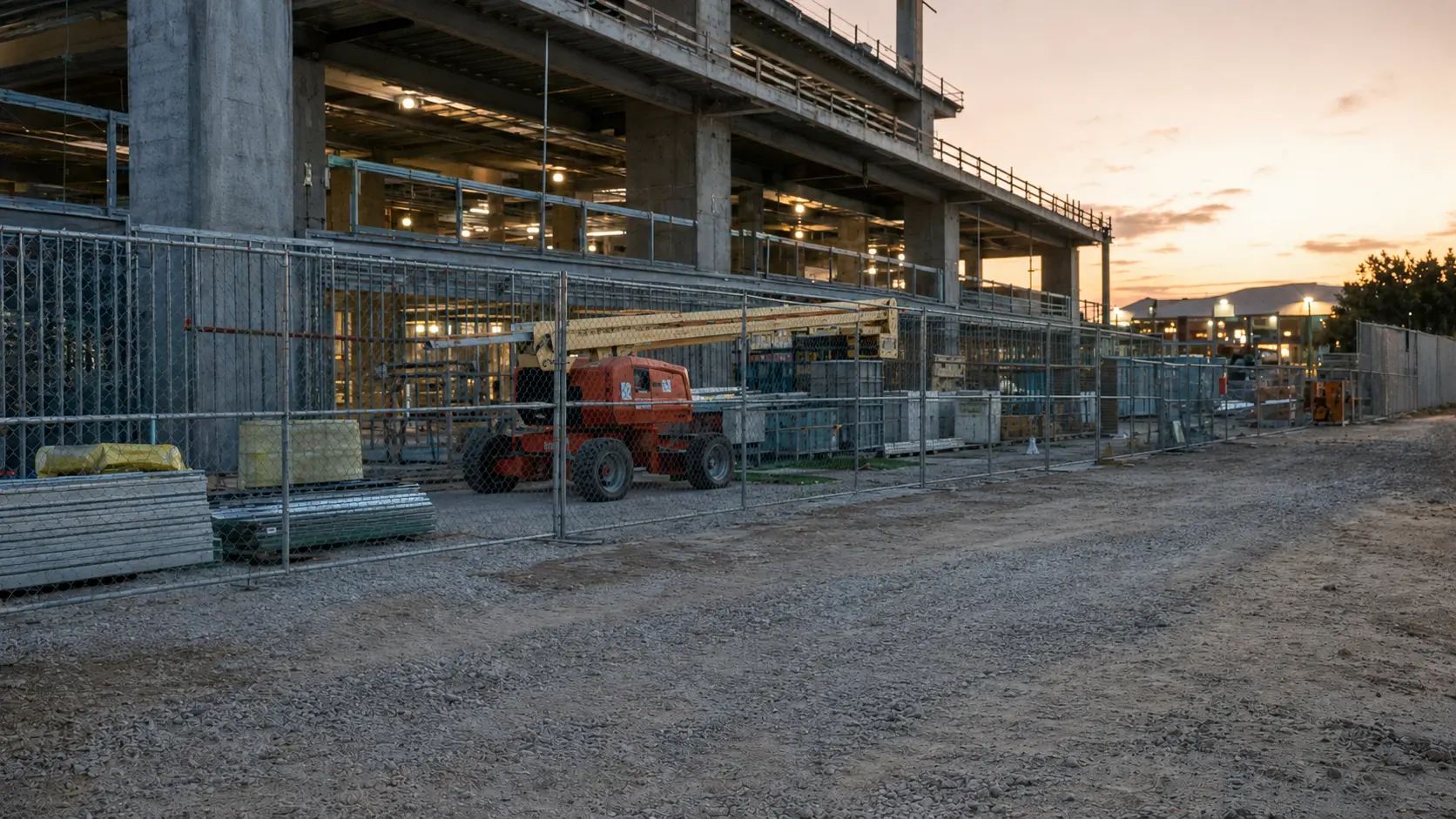 Fenced active construction site with equipment and building materials at dusk