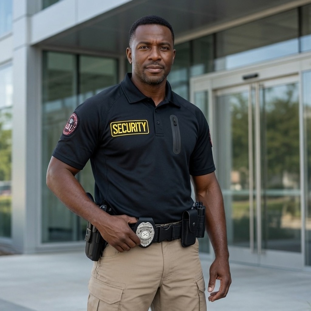 KDI security officer in uniform outside a corporate property