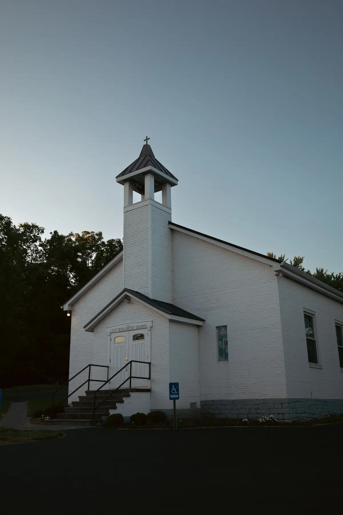 House of worship exterior at dusk